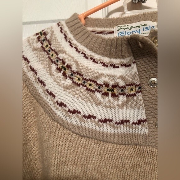 Vintage Sz M Fair Isle Tan Crew Neck Wool Blend Sweater Colony Isle Nordic - Picture 3 of 8